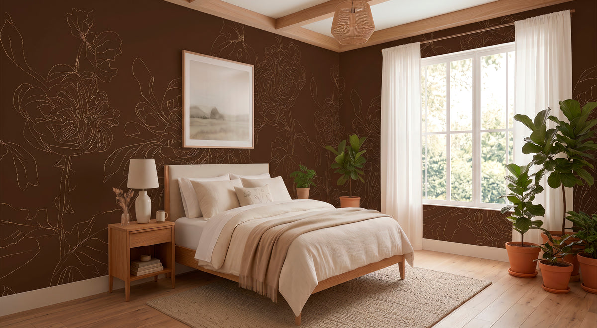 Chrysanthemum Nutmeg warm walnut-brown floral mural wallpaper installed in a warm, earthy interior — HDWALLS