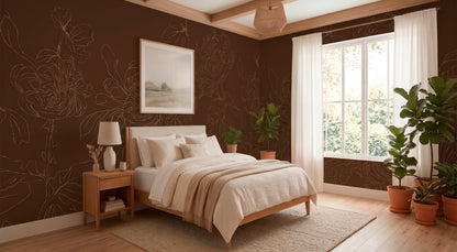 Chrysanthemum Nutmeg warm walnut-brown floral mural wallpaper installed in a warm, earthy interior — HDWALLS