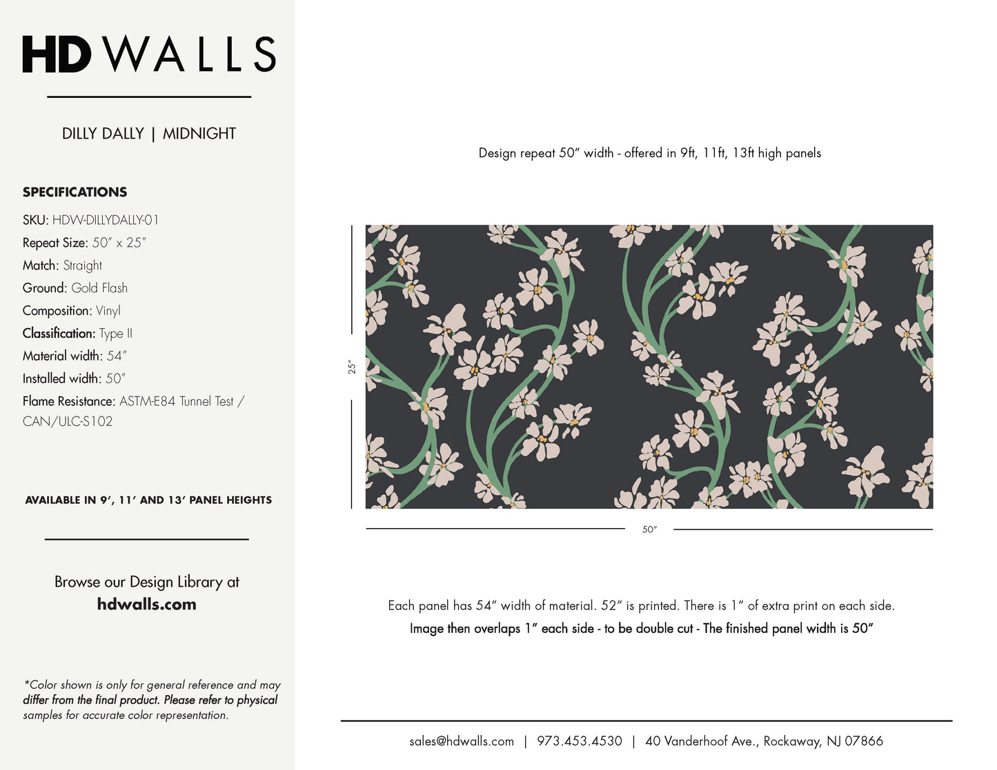 Hand-illustrated vining botanical repeat pattern in dark tones - Dilly Dally Midnight by HDWALLS Tear Sheet