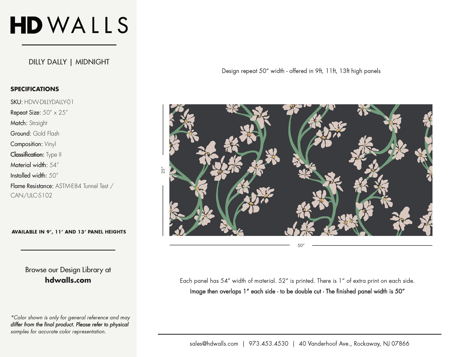 Hand-illustrated vining botanical repeat pattern in dark tones - Dilly Dally Midnight by HDWALLS Tear Sheet