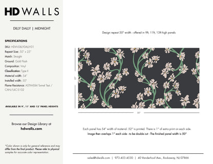 Hand-illustrated vining botanical repeat pattern in dark tones - Dilly Dally Midnight by HDWALLS Tear Sheet