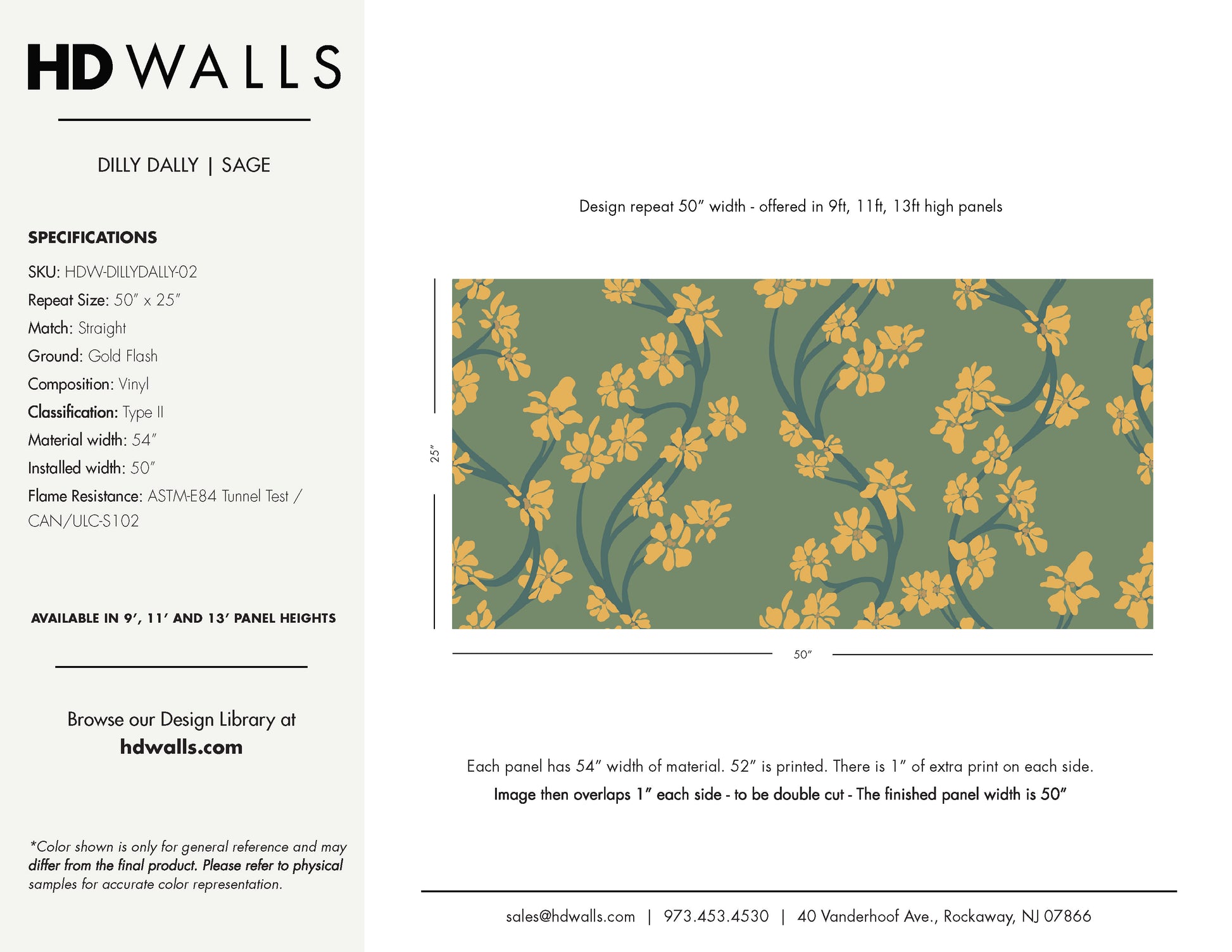 Yellow petals with gold centers on green background  Dilly Dally Sage tear sheet by HDWALLS