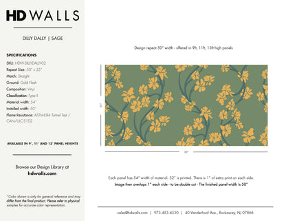 Yellow petals with gold centers on green background  Dilly Dally Sage tear sheet by HDWALLS