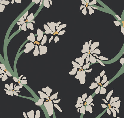 Dilly Dally Midnight botanical wallcovering in a moody interior - HDWALLS Type II vinyl