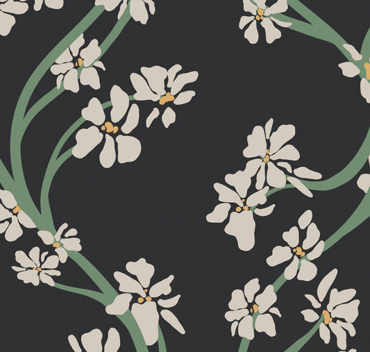 Dilly Dally Midnight botanical wallcovering in a moody interior - HDWALLS Type II vinyl