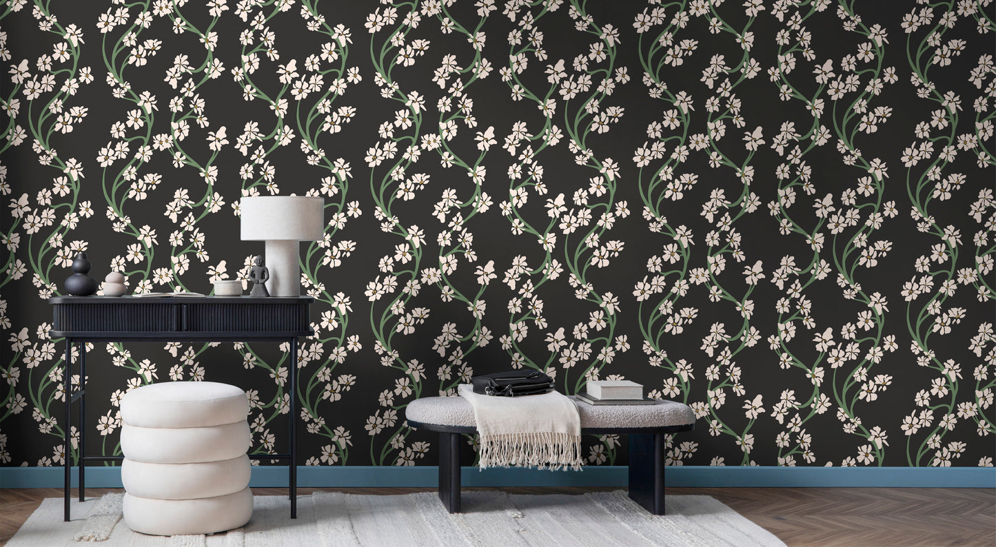 Hand-illustrated vining botanical repeat pattern in dark tones - Dilly Dally Midnight by HDWALLS