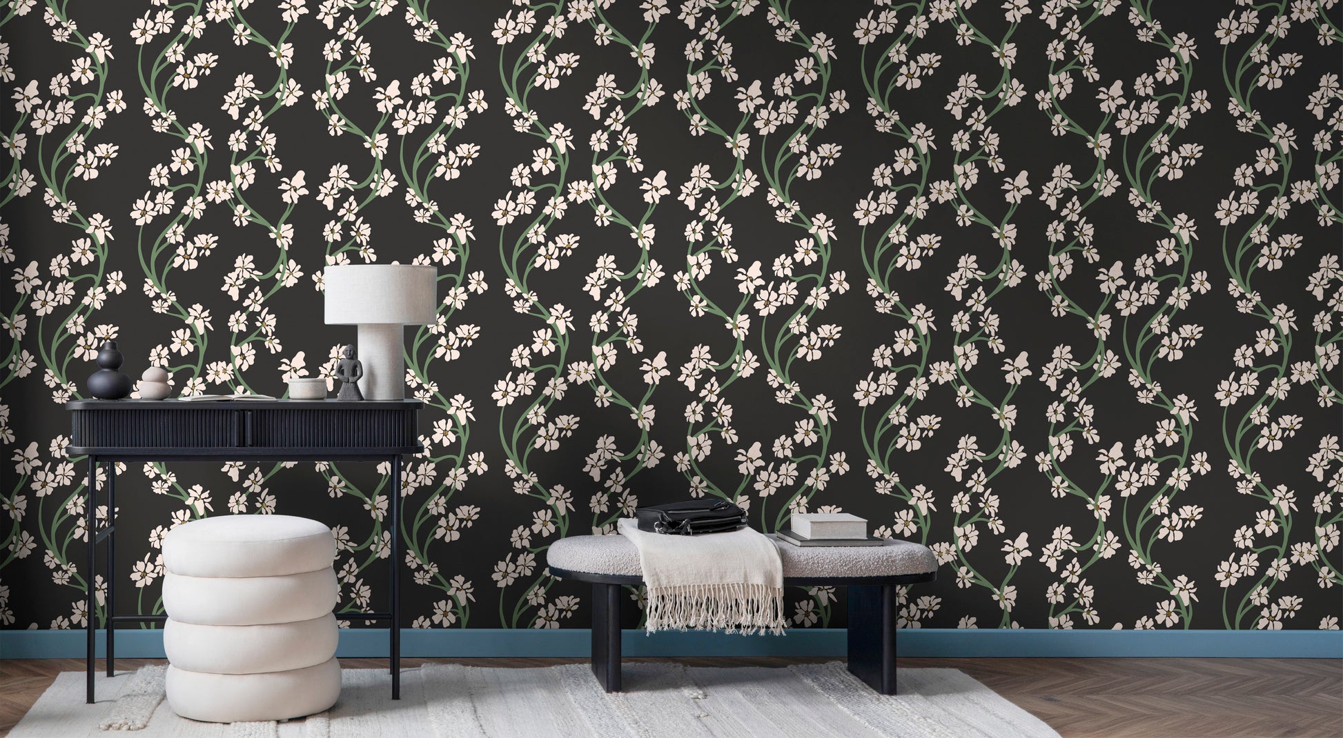 Hand-illustrated vining botanical repeat pattern in dark tones - Dilly Dally Midnight by HDWALLS