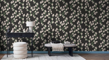 Hand-illustrated vining botanical repeat pattern in dark tones - Dilly Dally Midnight by HDWALLS