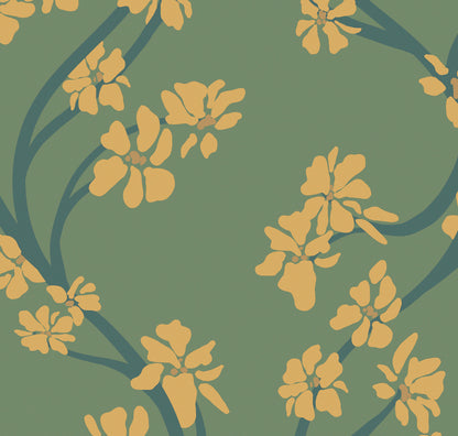 Dilly Dally Sage green and gold product image botanical wallcovering in a biophilic interior  HDWALLS Type II vinyl