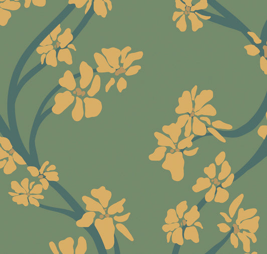 Dilly Dally Sage green and gold product image botanical wallcovering in a biophilic interior  HDWALLS Type II vinyl