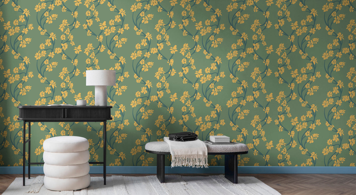 Dilly Dally Sage green and gold botanical wallcovering in a biophilic interior HDWALLS Type II vinyl