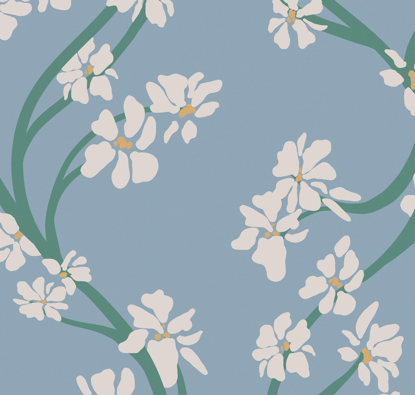 Dily Dally summer repeating botanical floral pattern featuring white flowers with gold yellow and green stems on a muted dusty blue background. HDWALLS Type II vinyl
