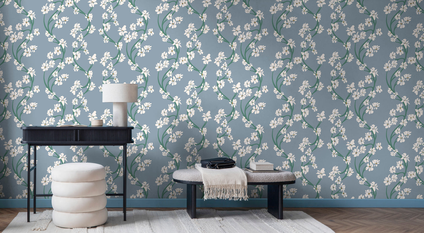 Hand illustrated Dilly Dally styled interior scene featuring a wall covered in blue-gray floral wallpaper with white blossoms and green stems by HDWALLS Type II vinyl