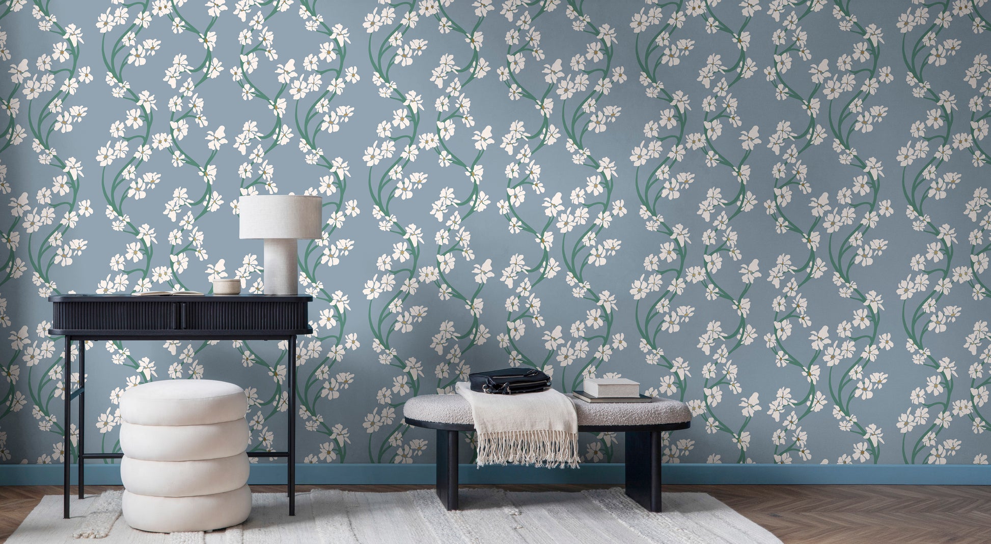 Hand illustrated Dilly Dally styled interior scene featuring a wall covered in blue-gray floral wallpaper with white blossoms and green stems by HDWALLS Type II vinyl