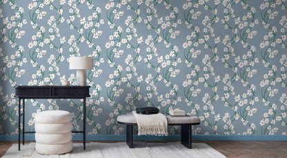 Hand illustrated Dilly Dally styled interior scene featuring a wall covered in blue-gray floral wallpaper with white blossoms and green stems by HDWALLS Type II vinyl
