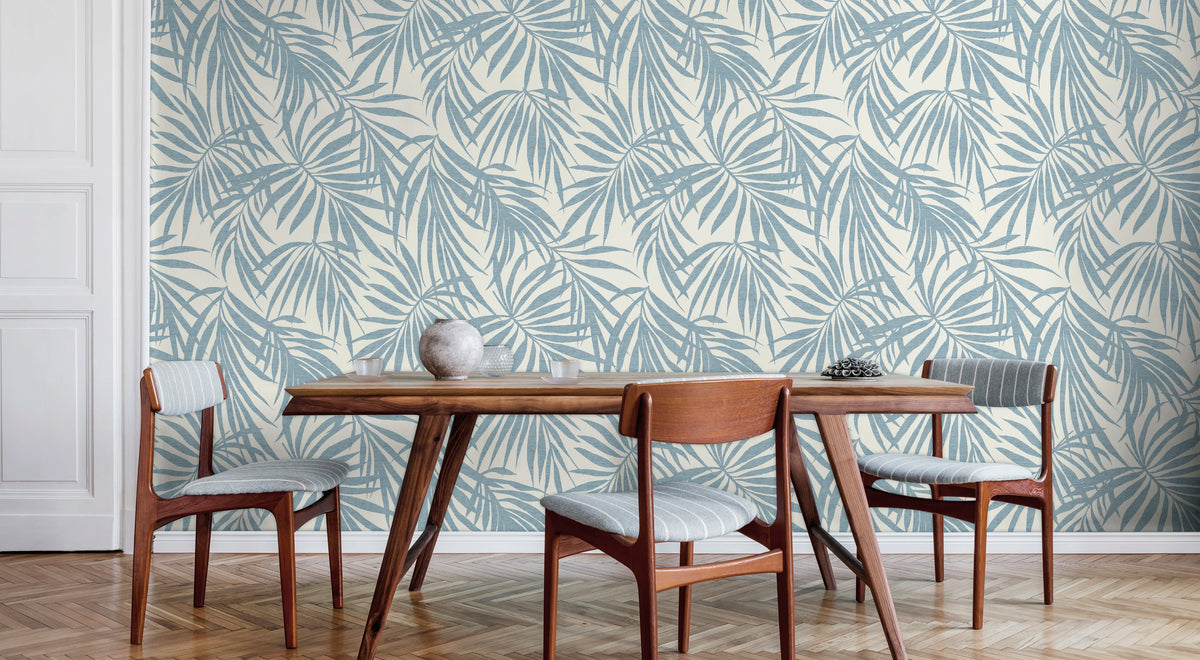 Bold denim blue botanical wallpaper in modern interior — Fronds Denim by HDWALLS