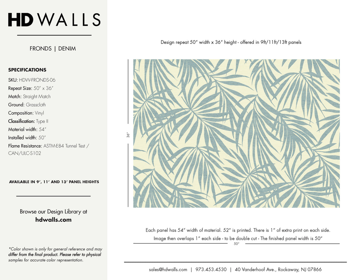 Fronds Denim wallcovering spec sheet — navy blue palm frond commercial vinyl
