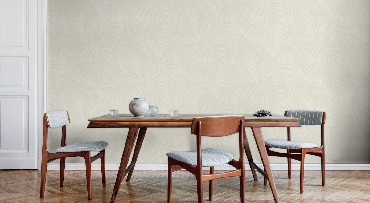 fronds Dusk tropical palm wallpaper in room setting — coastal interior design