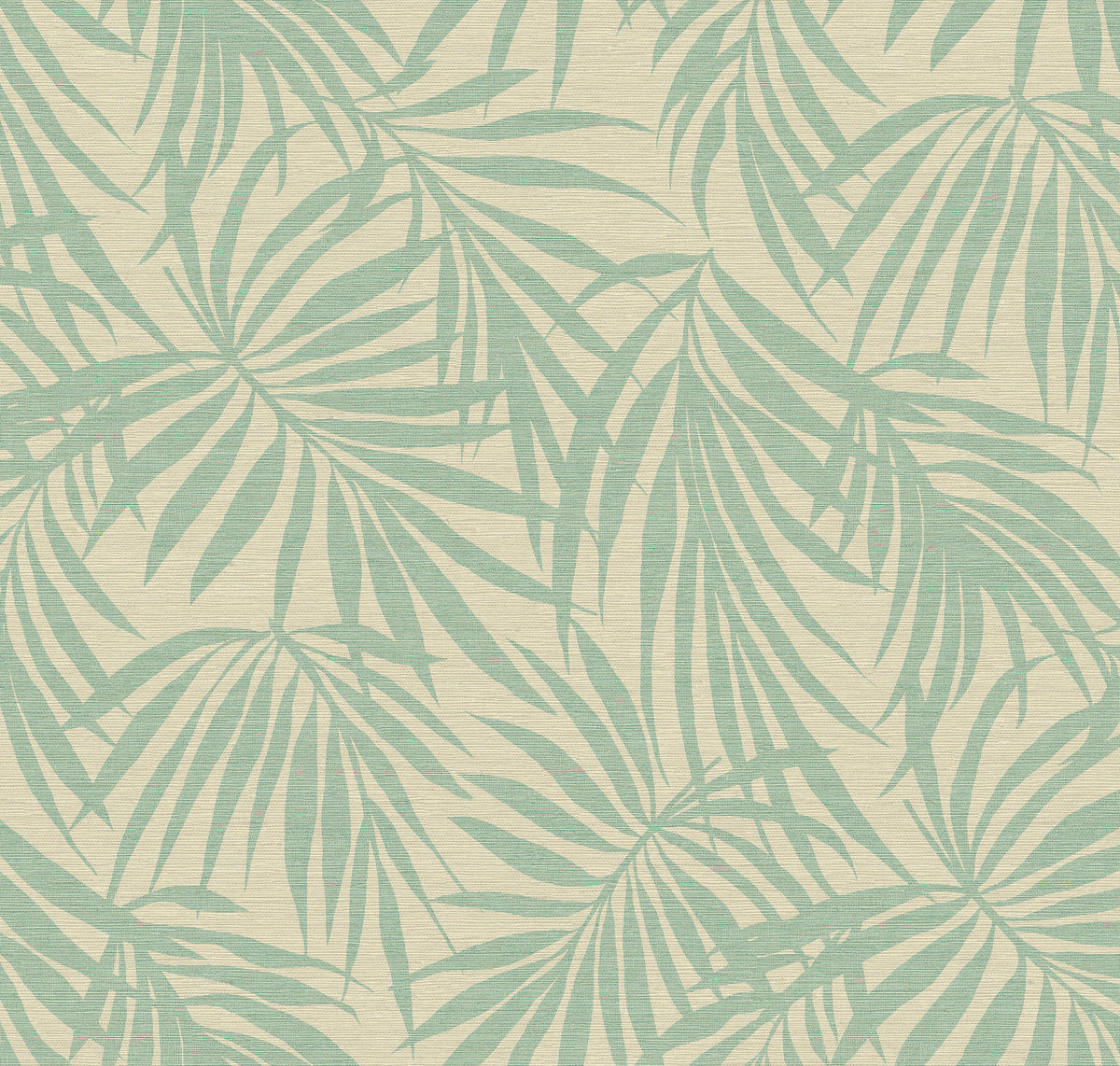 Fronds Light Teal Type II vinyl wallcovering — soft aqua palm frond grasscloth pattern