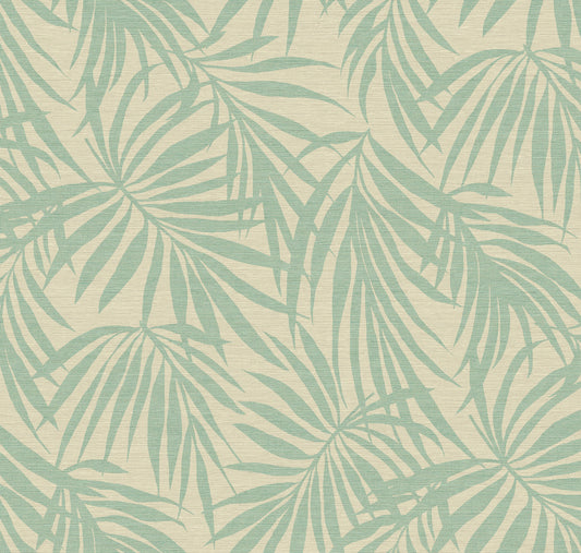 Fronds Light Teal Type II vinyl wallcovering — soft aqua palm frond grasscloth pattern