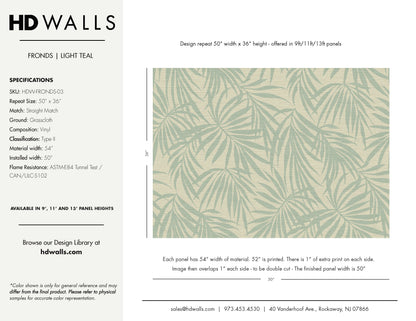 Fronds Light Teal wallcovering spec sheet — aqua palm frond commercial vinyl