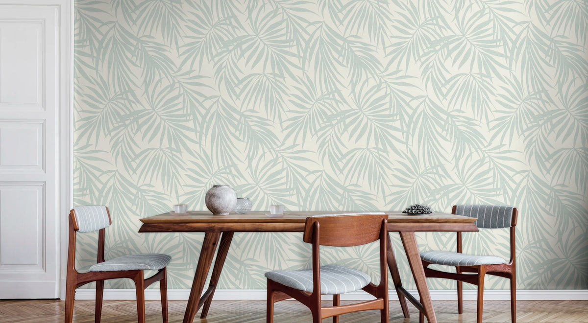 Soft teal botanical wallpaper in coastal interior — Fronds Light Teal by HDWALLS