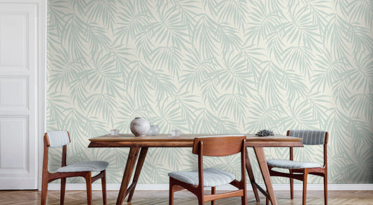 Soft teal botanical wallpaper in coastal interior — Fronds Light Teal by HDWALLS