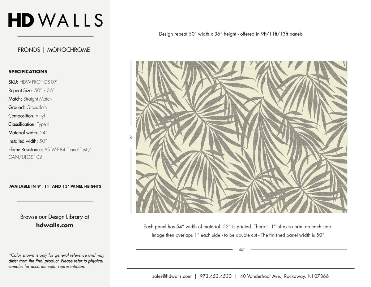 Fronds Monochrome wallcovering spec sheet — high contrast palm frond commercial vinyl