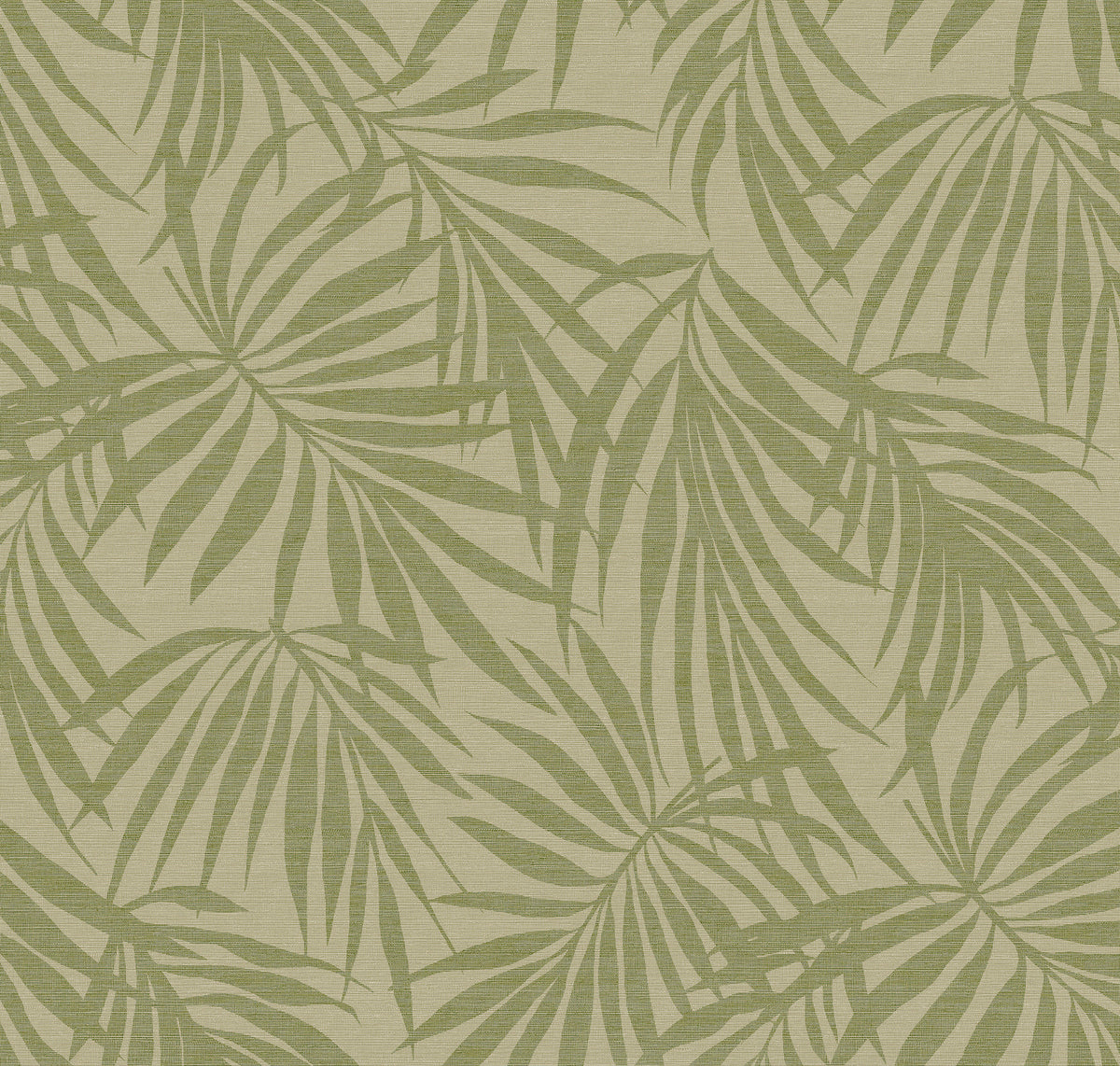 Fronds Moss Type II vinyl wallcovering — muted sage green palm frond grasscloth pattern