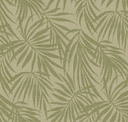 Fronds Moss Type II vinyl wallcovering — muted sage green palm frond grasscloth pattern