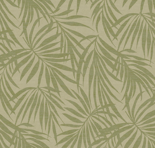 Fronds Moss Type II vinyl wallcovering — muted sage green palm frond grasscloth pattern