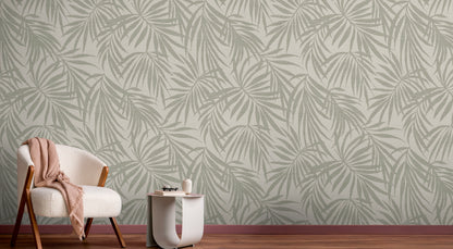 Earthy sage botanical wallpaper in transitional interior — Fronds Moss by HDWALLS