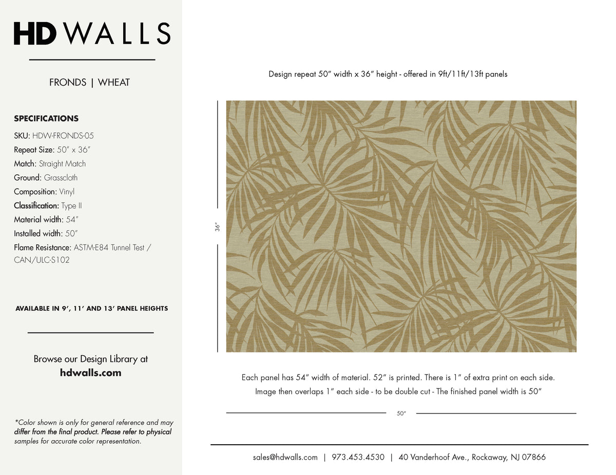 Fronds Wheat wallcovering spec sheet — warm neutral palm frond commercial vinyl