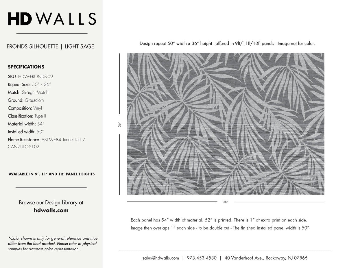 Fronds Silhouette Light Sage by HDWALLS — wallcovering tear sheet