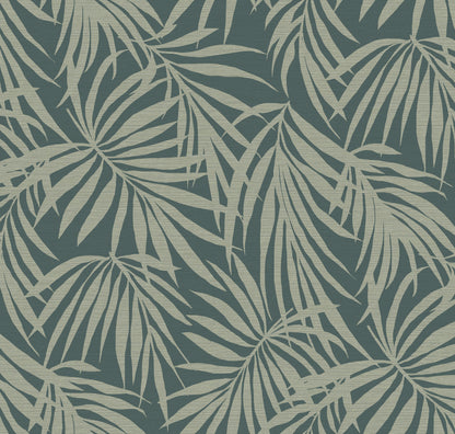 Fronds Silhouette Slate Blue by HDWALLS — ivory palm leaves on a slate blue-gray grasscloth-textured ground