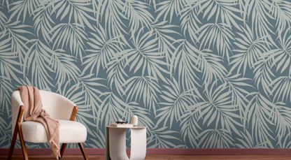 Fronds Silhouette Slate Blue by HDWALLS — tropical palm wallcovering shown in a room setting