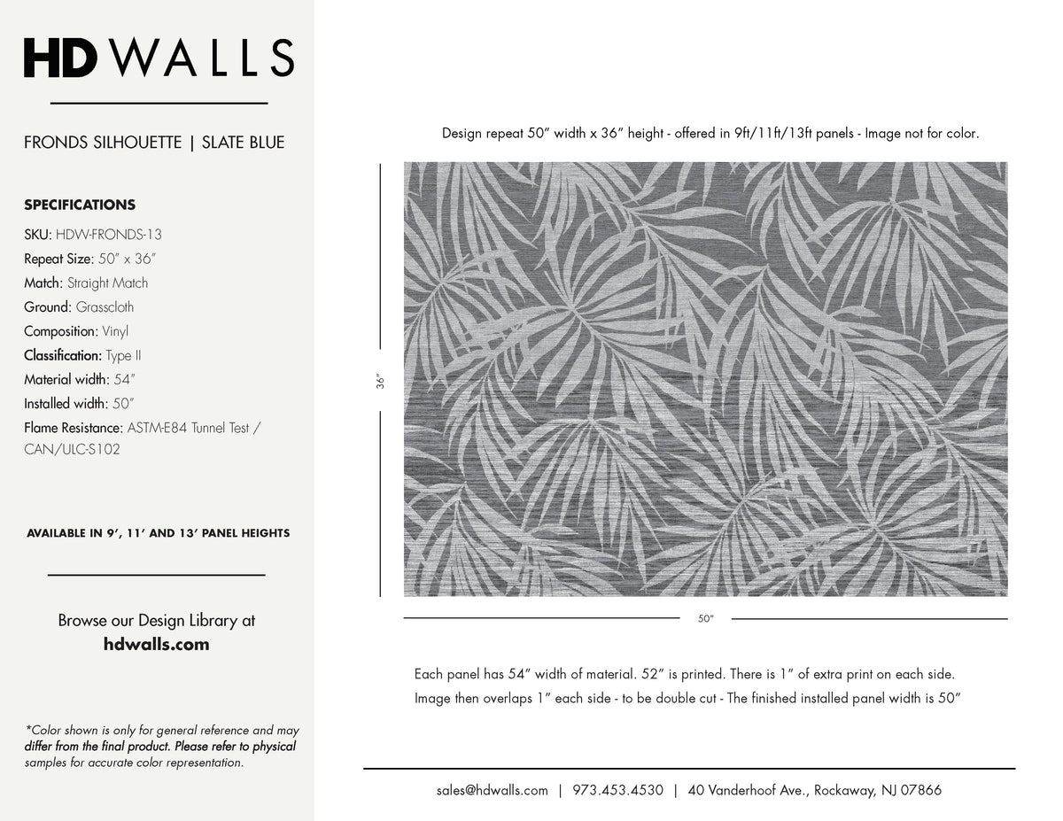 Fronds Silhouette Slate Blue by HDWALLS — wallcovering tear sheet