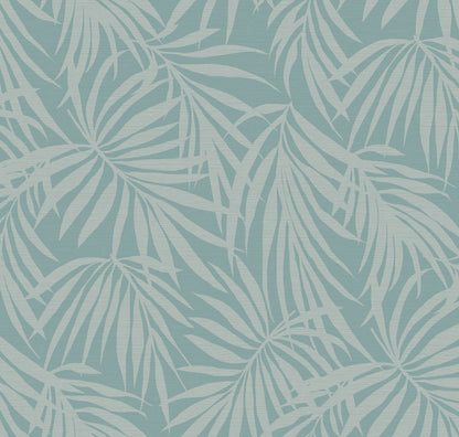 Fronds Silhouette Soft Teal by HDWALLS — ivory palm leaves on a muted teal grasscloth-textured background