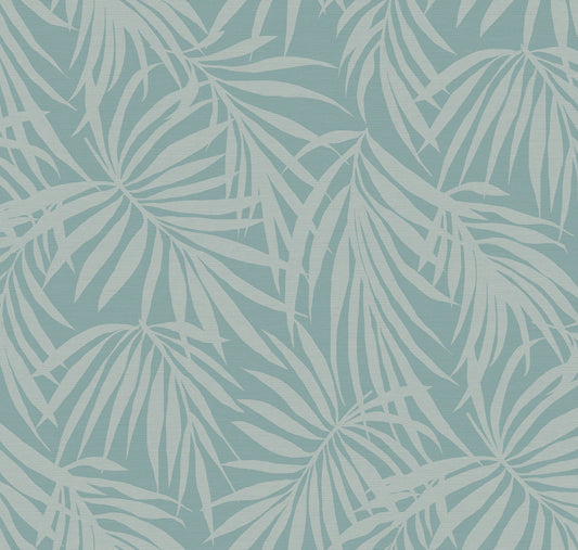 Fronds Silhouette Soft Teal by HDWALLS — ivory palm leaves on a muted teal grasscloth-textured background