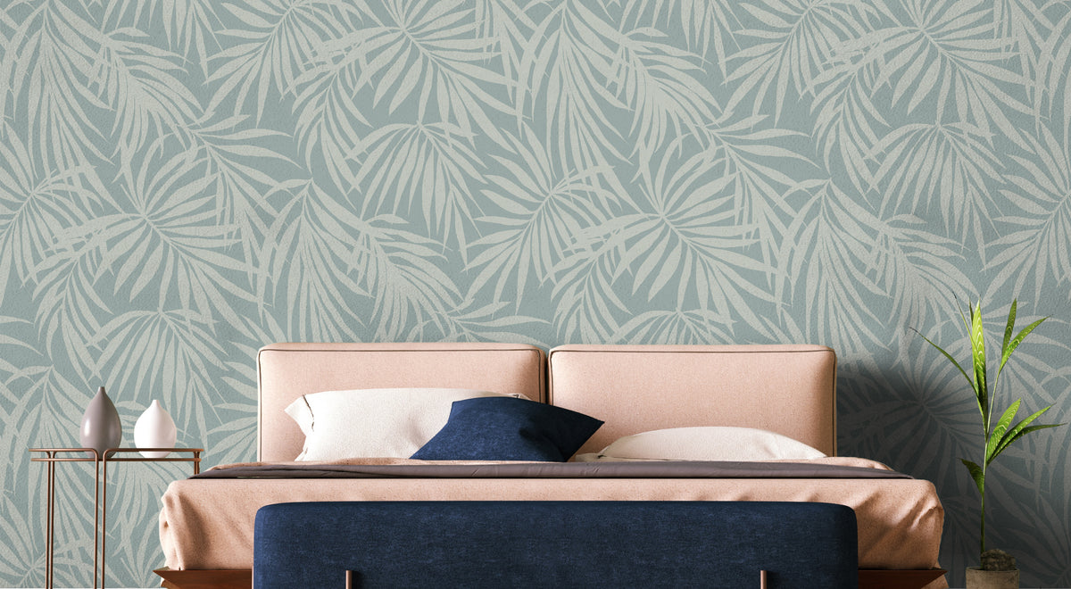 Fronds Silhouette Soft Teal by HDWALLS — tropical palm wallcovering shown in a room setting