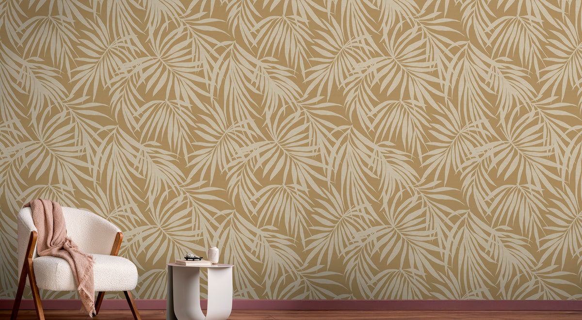 Fronds Silhouette Tiki Brown by HDWALLS — tropical palm wallcovering shown in a room setting