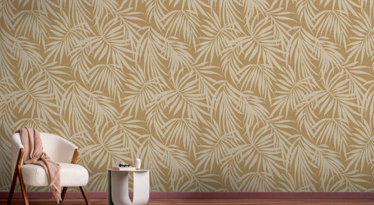 Fronds Silhouette Tiki Brown by HDWALLS — tropical palm wallcovering shown in a room setting
