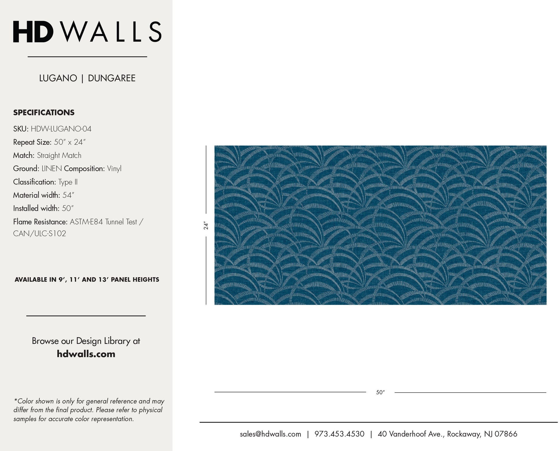 Lugano Dungaree contract-grade performance specifications and architect tearsheet detailing fire-ratings and washability.