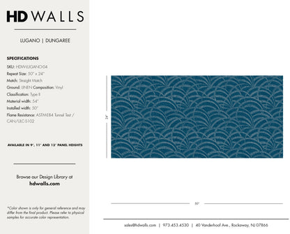 Lugano Dungaree contract-grade performance specifications and architect tearsheet detailing fire-ratings and washability.