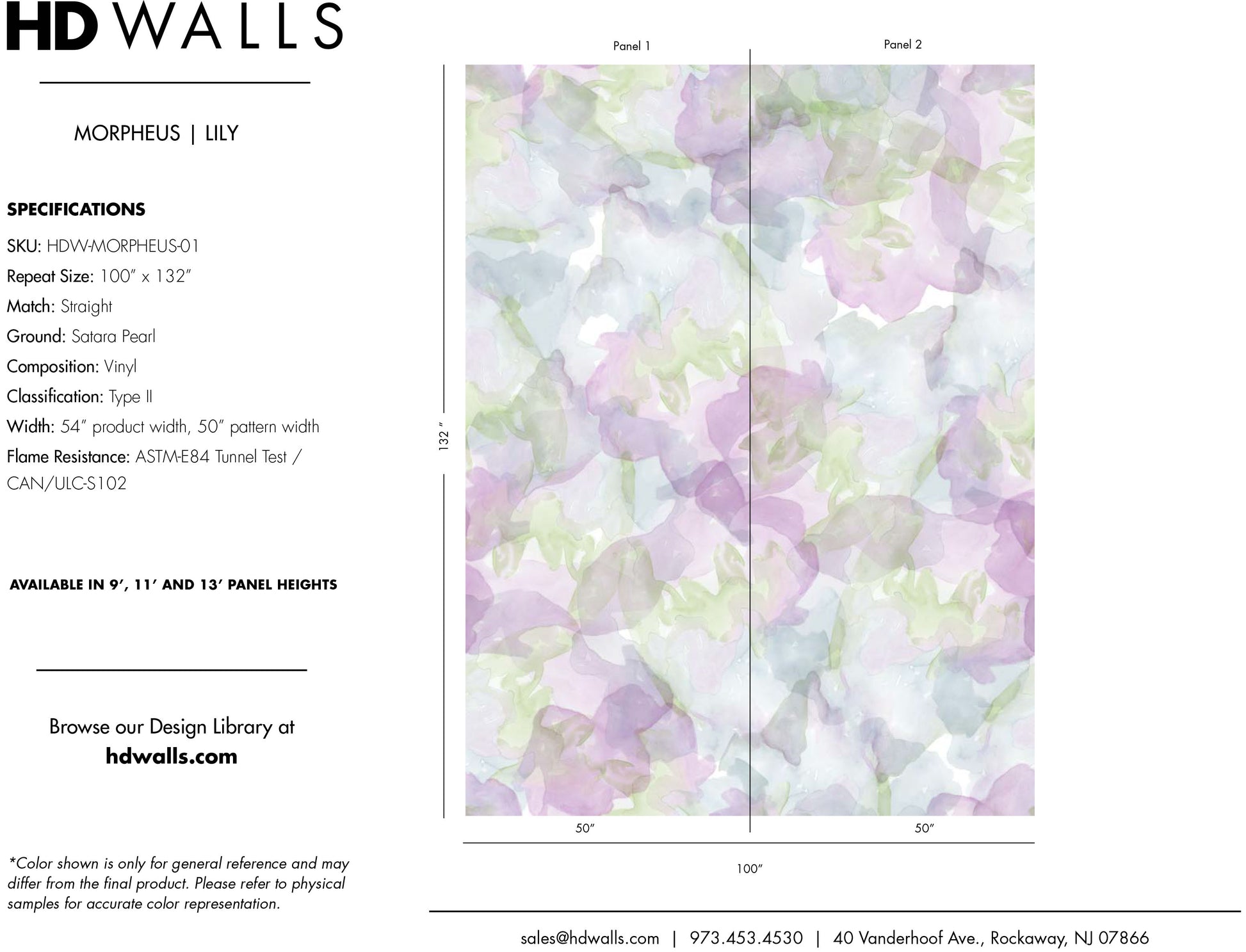 Morpheus Lily contract-grade performance specifications and architect tearsheet detailing fire-ratings and washability.