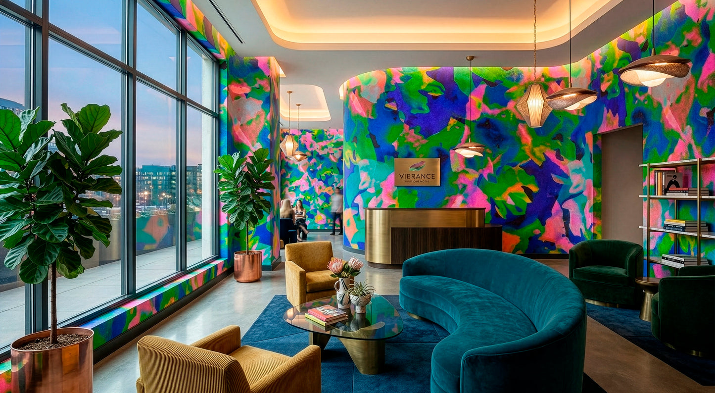 Morpheus Psychedelic high-performance designer wallcovering installed in a high-moisture luxury powder room bathroom design.