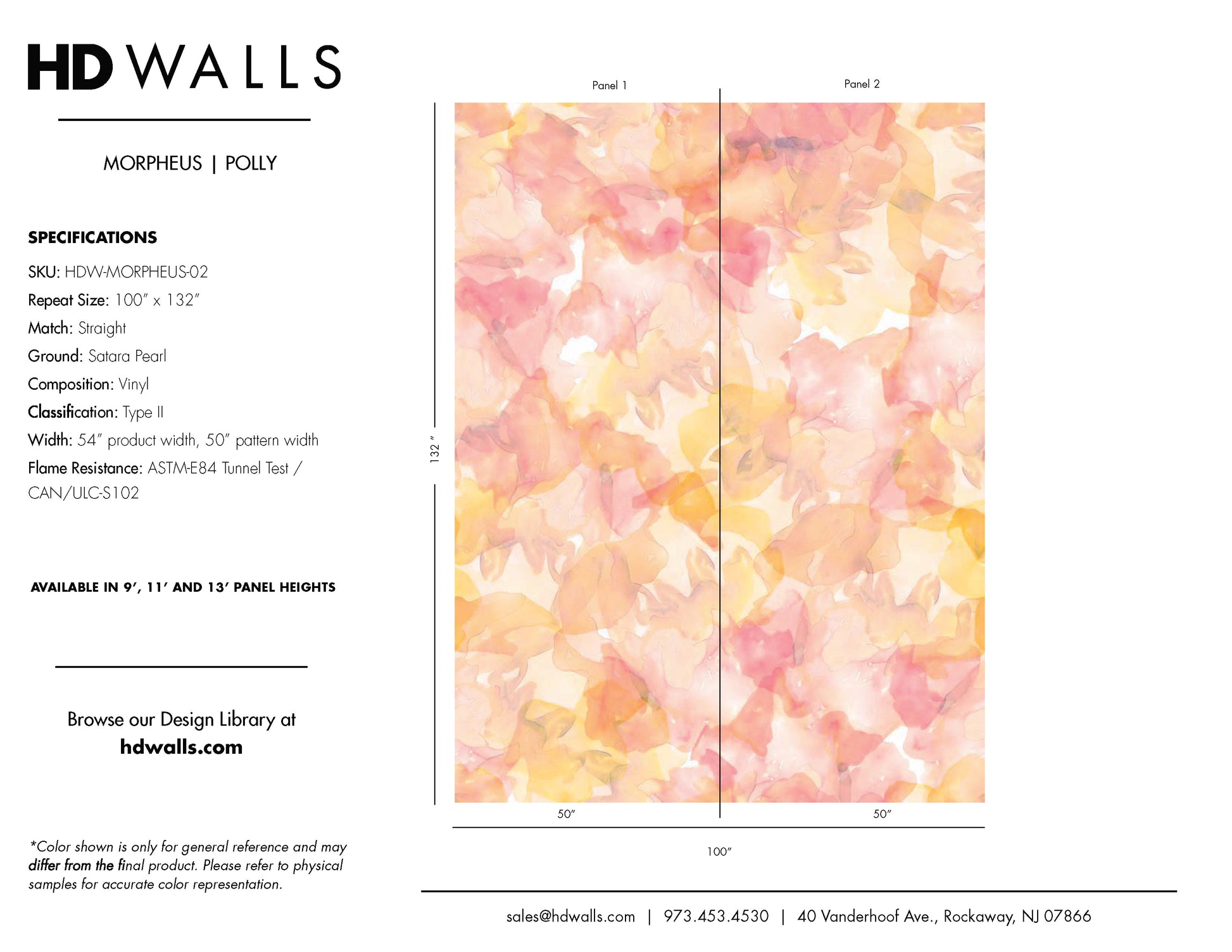 Morpheus Polly contract-grade performance specifications and architect tearsheet detailing fire-ratings and washability.
