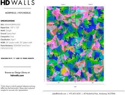 Morpheus Psychedelic contract-grade performance specifications and architect tearsheet detailing fire-ratings and washability.