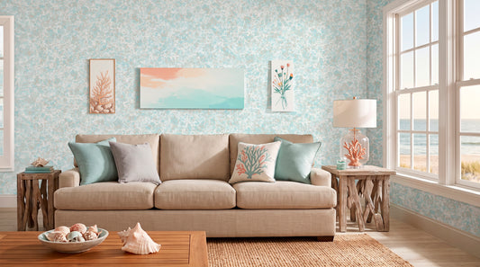 Shore Thing Pacific Azure Type II Vinyl Wallcovering by HDWALLS — styled room installation