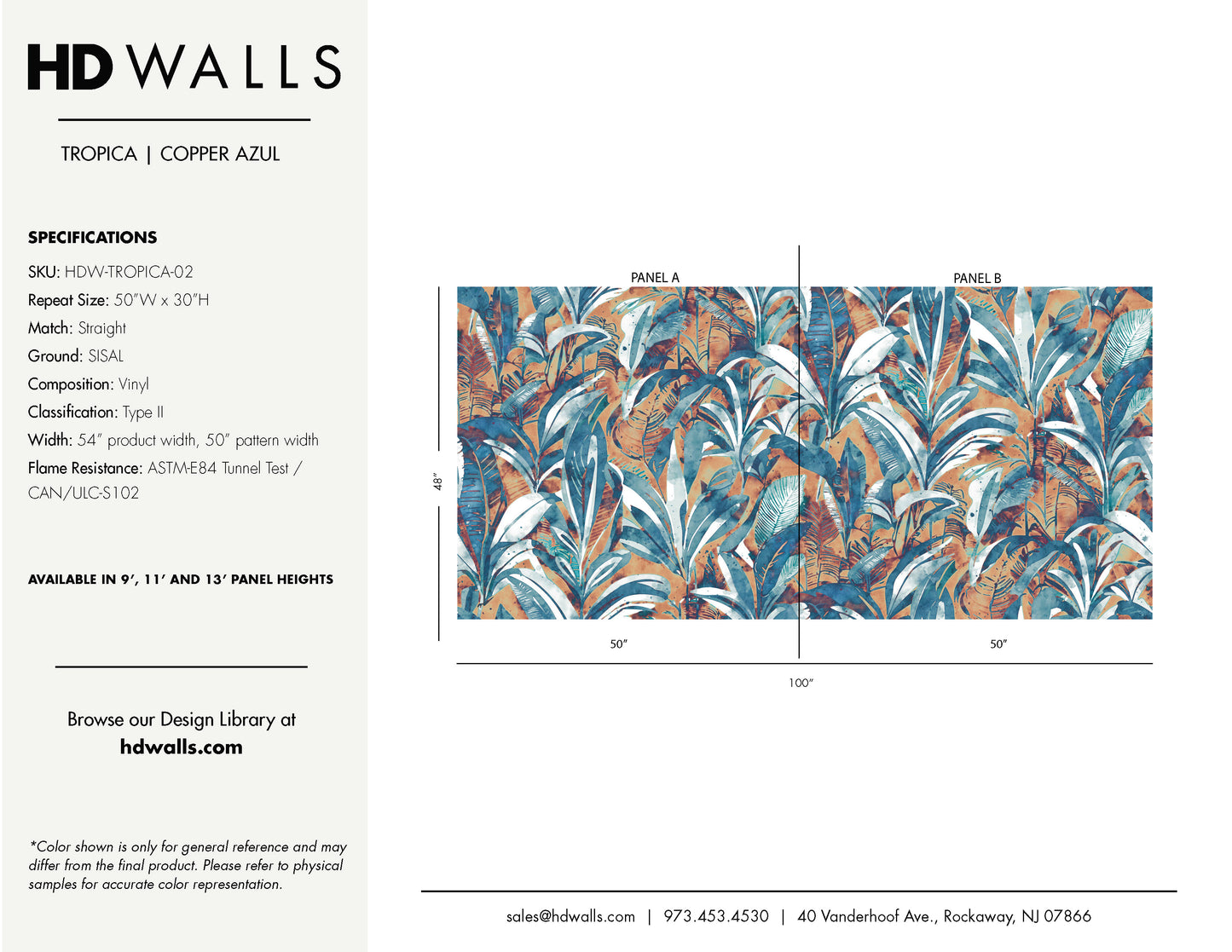 Wallpaper sample with leaf pattern and product details on a white background